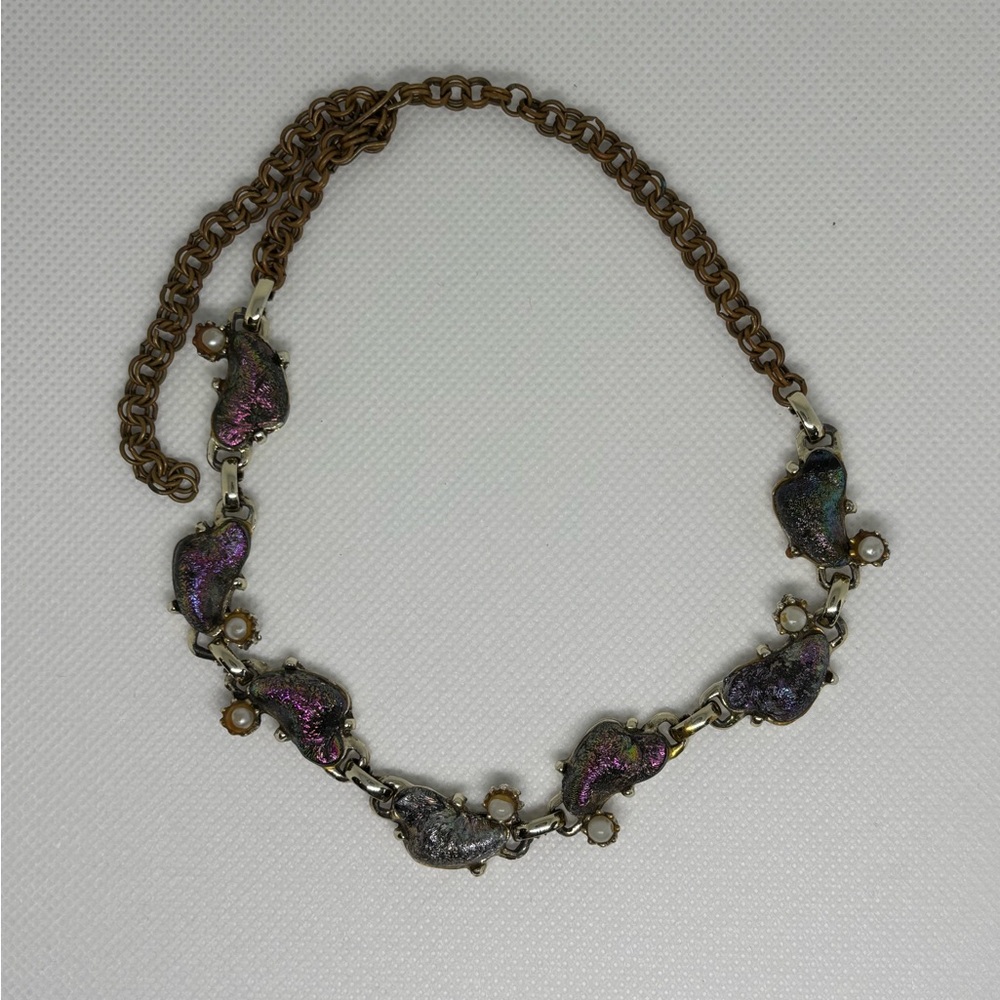 Rare Vintage Iridescent Opal “Lava Rock” with Pearl Necklace